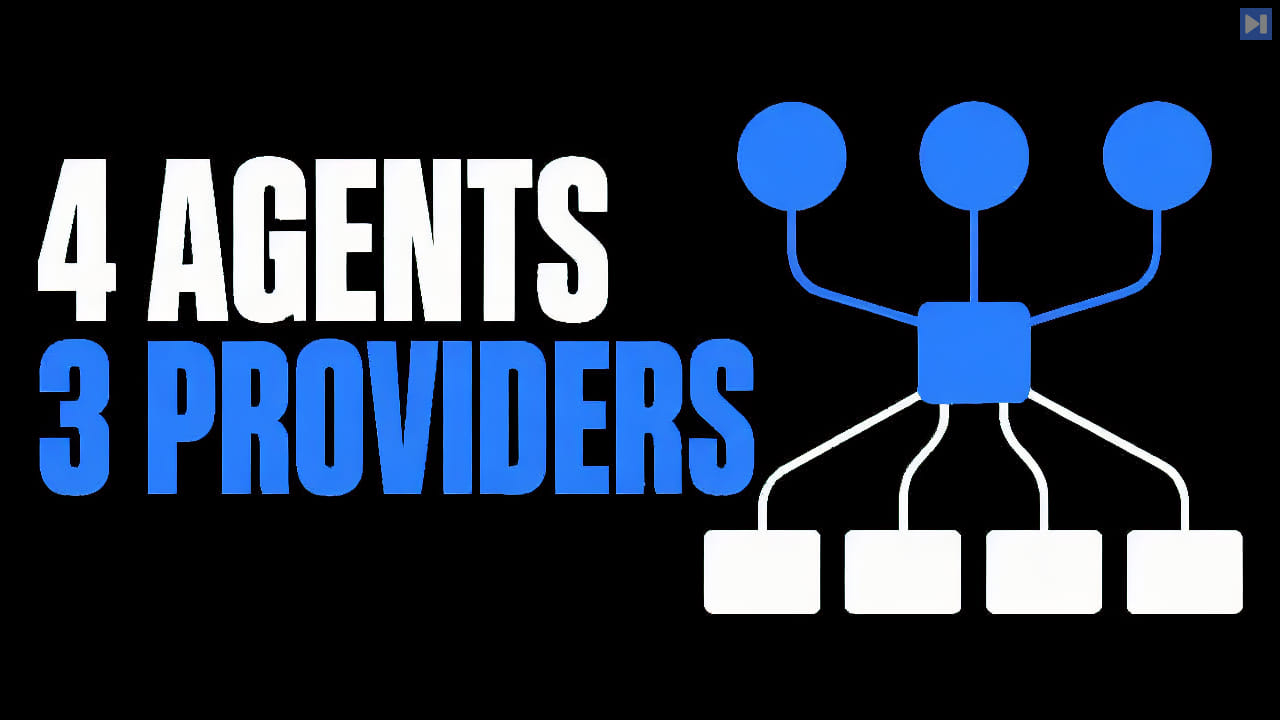 A flat attention-blue routing switch distributes work to four white agent blocks from three blue provider nodes beside the headline 4 Agents 3 Providers on pure black.