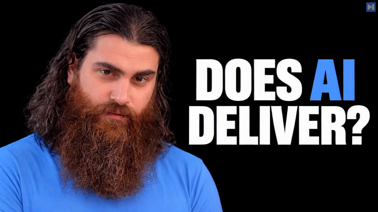Mo Bitar in a blue top beside the white and blue headline “DOES AI DELIVER?” on black.