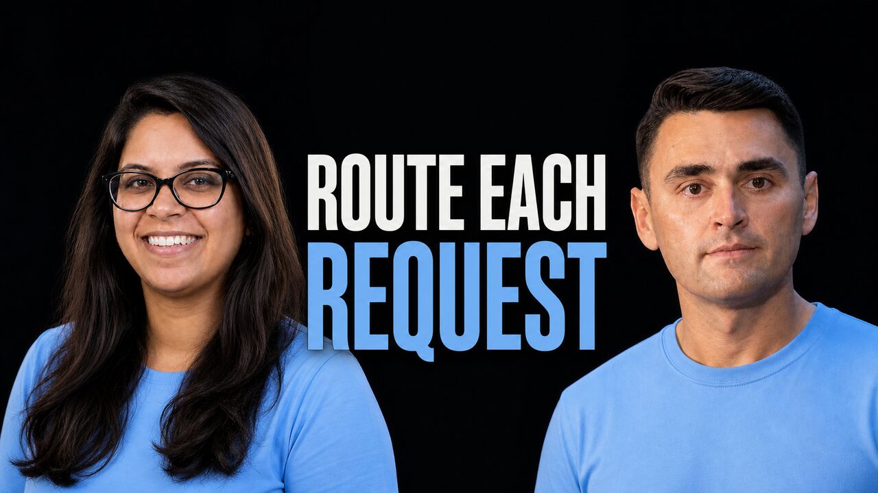Archana Kamath and Tyler Gillam beside the words Route Each Request