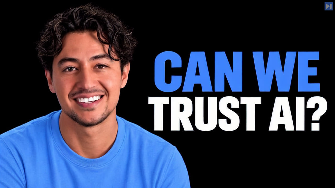 Nick Saraev smiling in a blue top beside the blue-and-white headline “CAN WE TRUST AI?” on black.