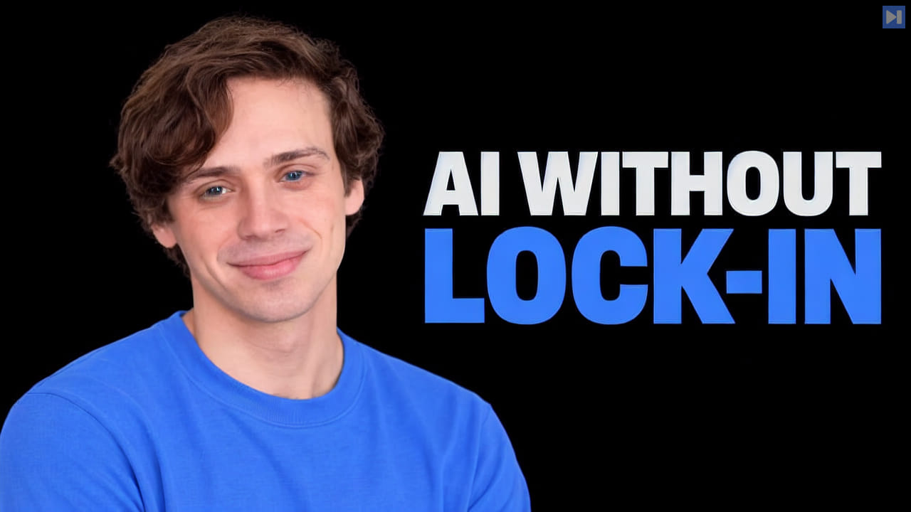 Remy Guercio in a plain blue top against pure black beside the white and blue headline AI WITHOUT LOCK-IN.