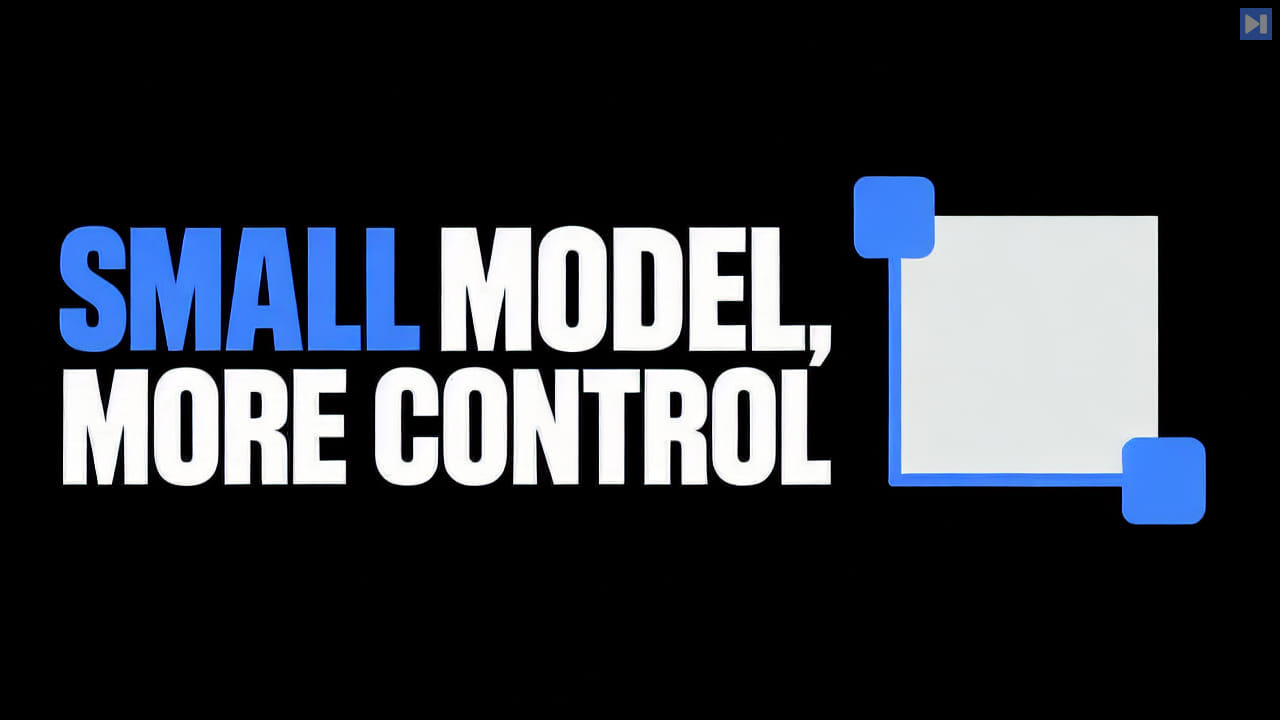 Blue and white text "SMALL MODEL, MORE CONTROL" beside a flat off-white square with two blue corner handles on black.
