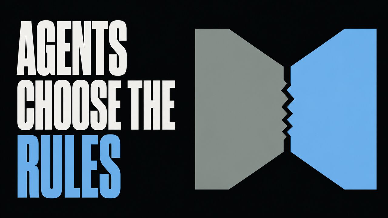 The words Agents Choose the Rules beside two opposing geometric agent blocks