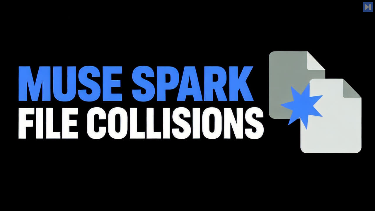 Flat overlapping-file illustration on a black background with the blue and white headline "MUSE SPARK FILE COLLISIONS".
