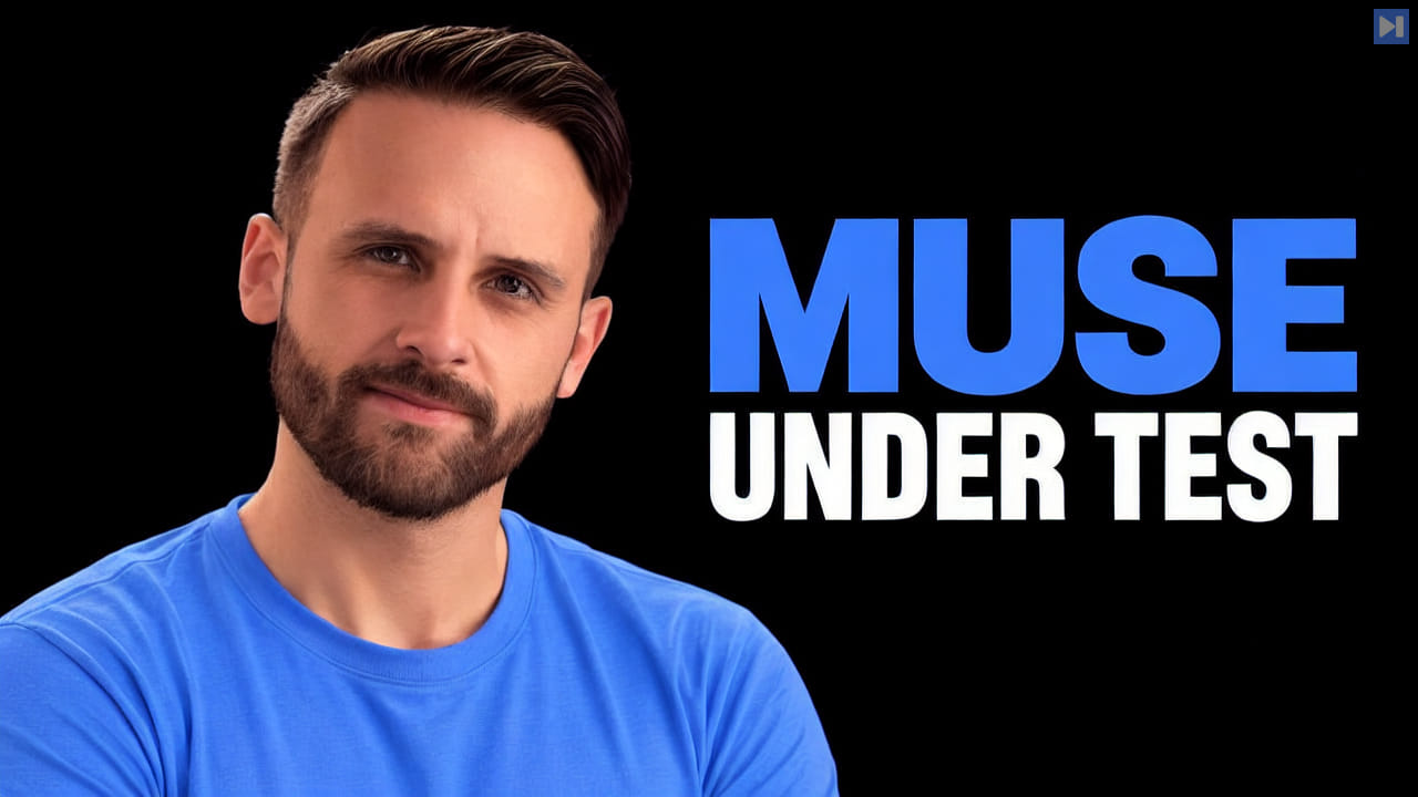 Pat Simmons in a blue top at left beside the blue and white headline MUSE UNDER TEST on a black background.
