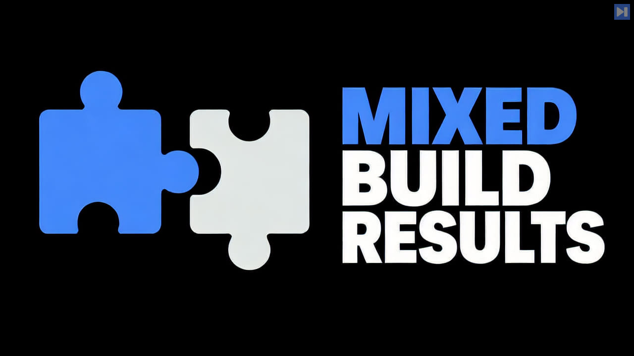 Two separated flat blue and off-white jigsaw pieces on the left beside the blue and white headline MIXED BUILD RESULTS against black.