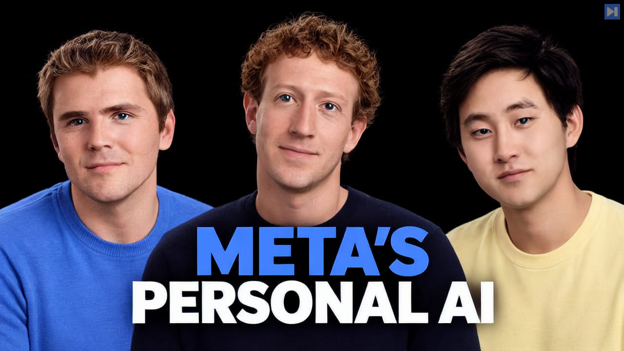 John Collison, Mark Zuckerberg and Alexandr Wang from left to right, with blue and white text reading “Meta’s personal AI” on black.