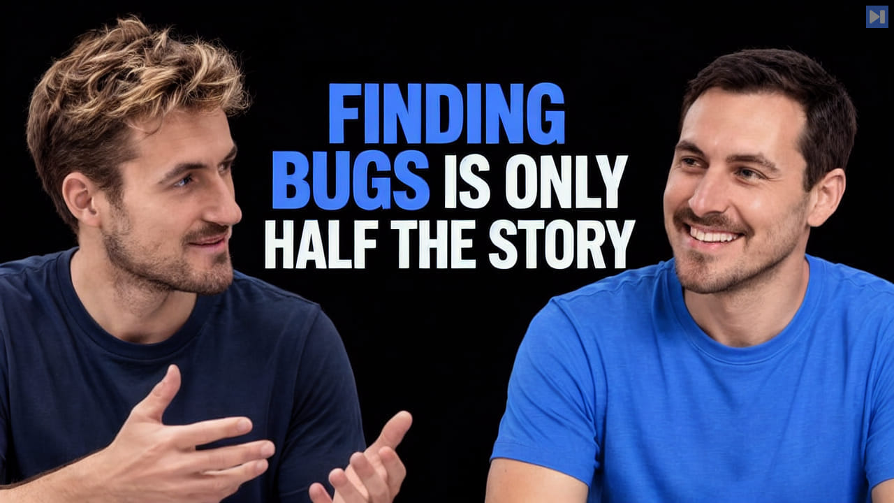 Pierce Freeman and Richard Diehl Martinez in navy and blue tops against black, alongside the blue and white headline "FINDING BUGS IS ONLY HALF THE STORY".