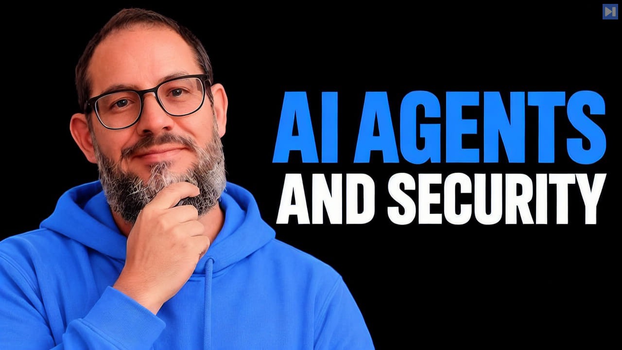 Nate B Jones in a blue hoodie beside the flat headline AI Agents and Security on black.