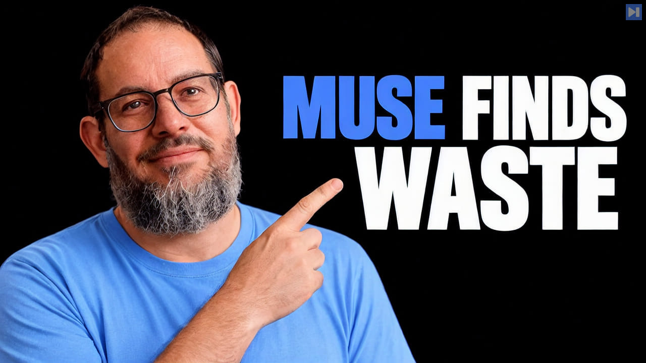 Nate B Jones, with glasses and a grey beard, wears blue and points toward the blue-and-white headline “MUSE FINDS WASTE” on black.