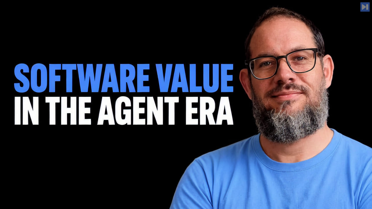 Nate B Jones wearing glasses and a blue top beside the “SOFTWARE VALUE IN THE AGENT ERA” headline on black.