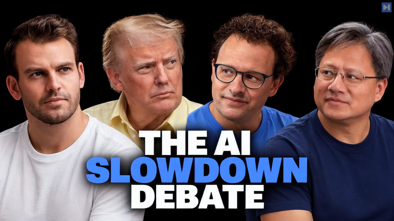 Nathaniel Whittemore, Donald Trump, Dario Amodei and Jensen Huang above the blue and white headline “THE AI SLOWDOWN DEBATE” on black.