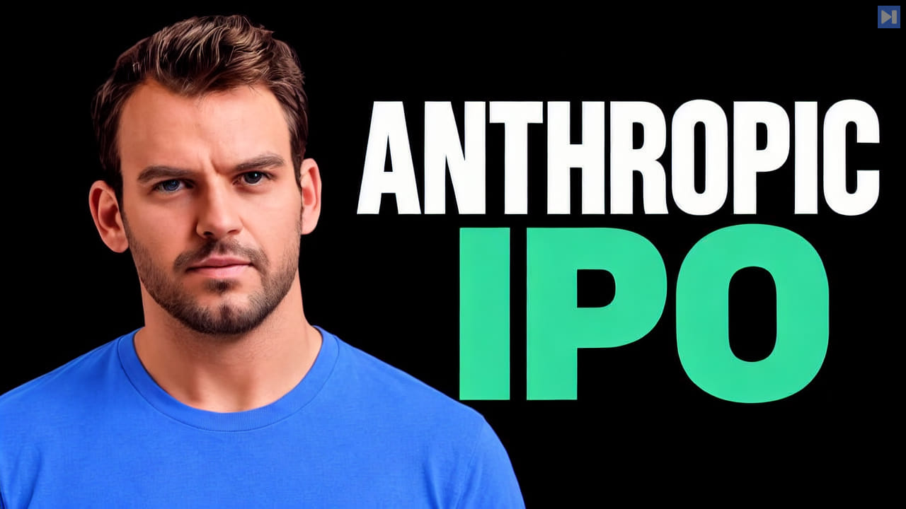 Nathaniel Whittemore in a blue T-shirt beside the white and green headline ANTHROPIC IPO on a black background.
