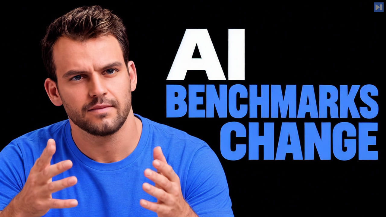 Nathaniel Whittemore gestures beside the blue and white headline AI BENCHMARKS CHANGE against a black background.