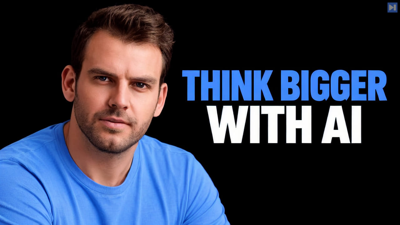 Nathaniel Whittemore in a photographic portrait composition on black beside the blue-and-white headline “THINK BIGGER WITH AI”.