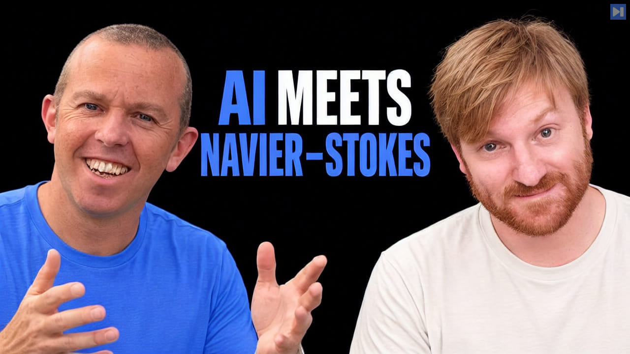 Tony Padilla in blue and Brady Haran in off-white flank the blue and white headline “AI Meets Navier–Stokes” on black.