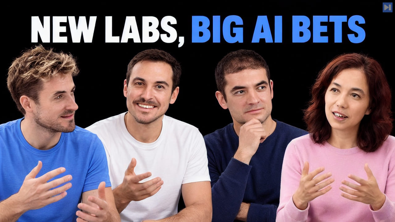 Pierce Freeman, Richard Diehl Martinez, Ilya Sutskever, Fei-Fei Li against black with the blue and white headline "NEW LABS, BIG AI BETS".