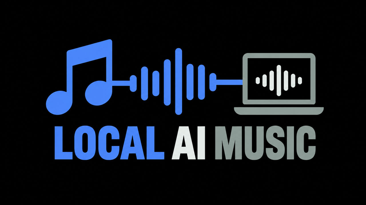 A blue music note, waveform, and local-computer icon illustrating AI music generation on personal hardware.