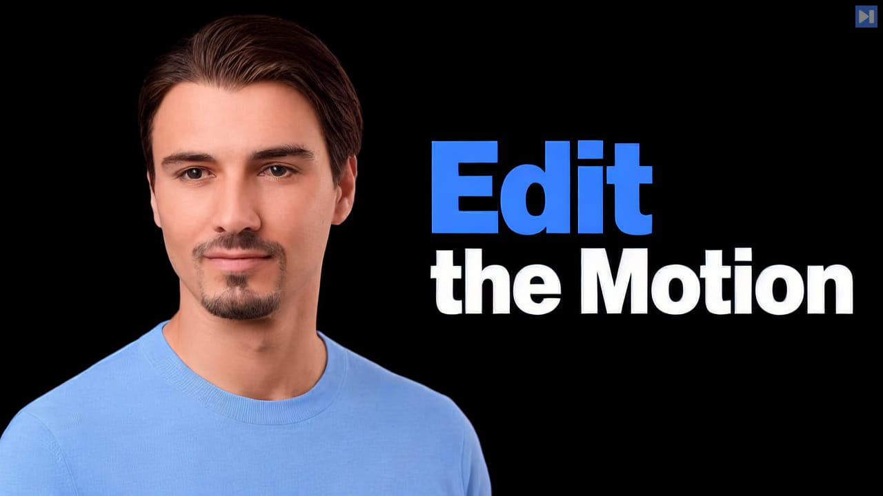 Igor Pogany in a light-blue top on the left beside the blue and white Edit the Motion headline on black.