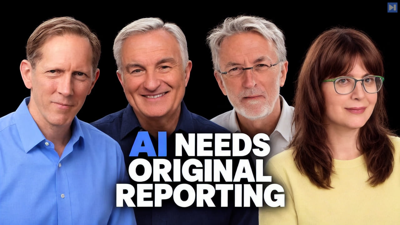 Henry Blodget, Leo Laporte, Jeff Jarvis, and Paris Martineau against a black background beside the blue-and-white headline “AI NEEDS ORIGINAL REPORTING”.