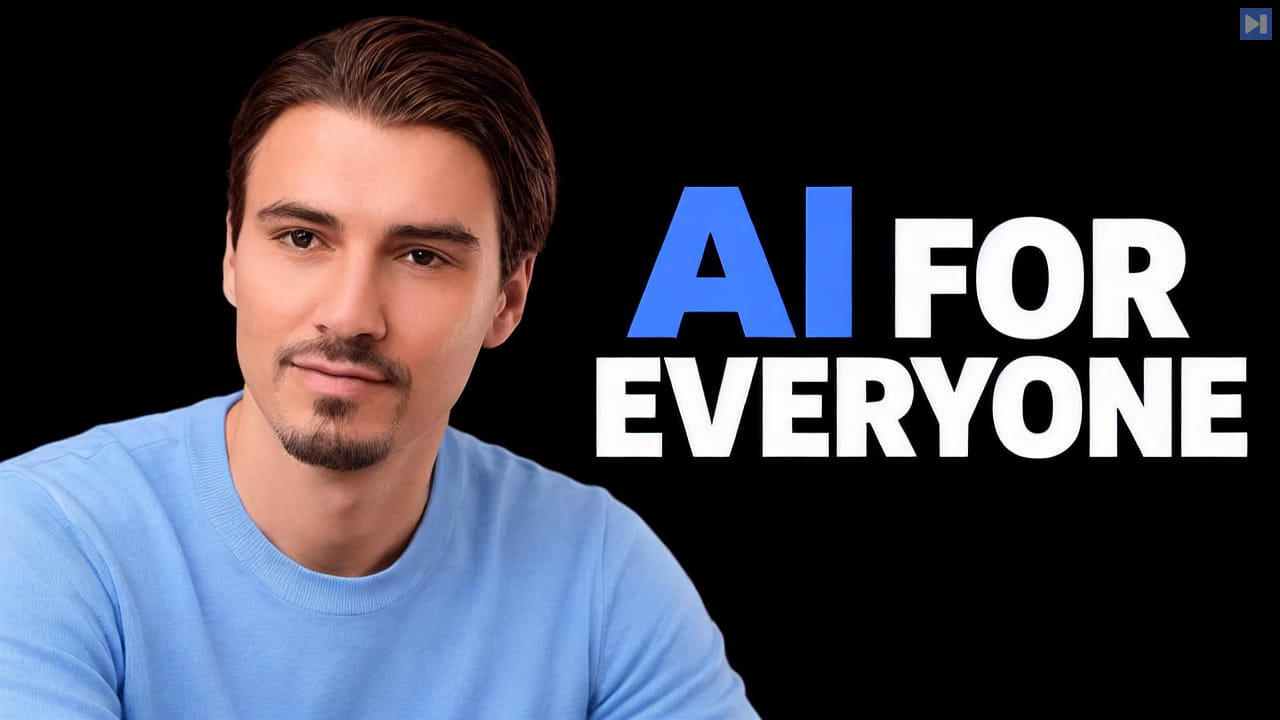 Igor Pogany in a blue top beside the blue-and-white headline “AI FOR EVERYONE” on black.