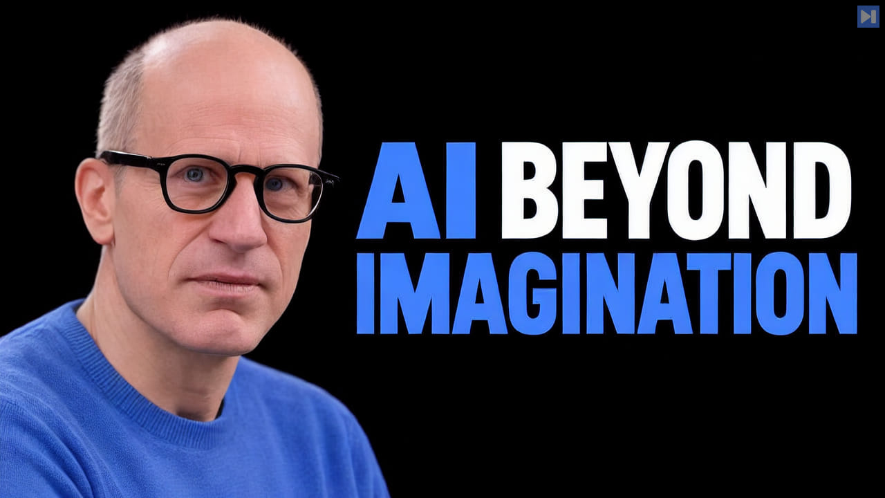 Nick Bostrom in a light blue shirt against black beside the blue-and-white headline AI BEYOND IMAGINATION.