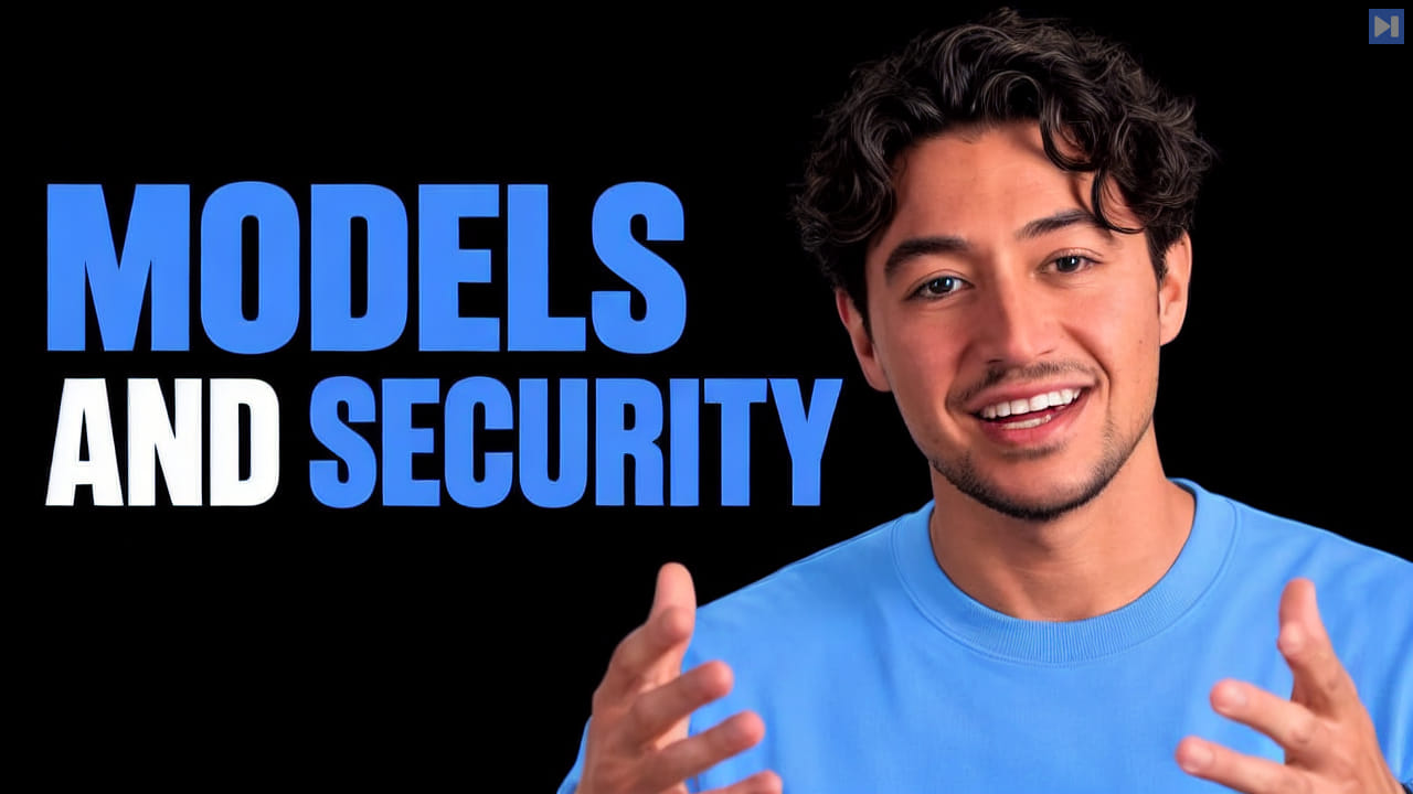 Nick Saraev beside the blue and white headline MODELS AND SECURITY on a black background.