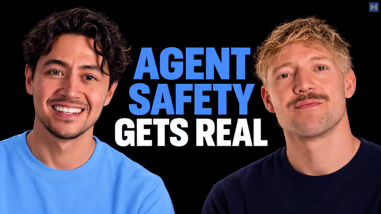Nick Saraev and Jack Roberts in a photographic portrait composition on black beside the blue-and-white headline “AGENT SAFETY GETS REAL”.