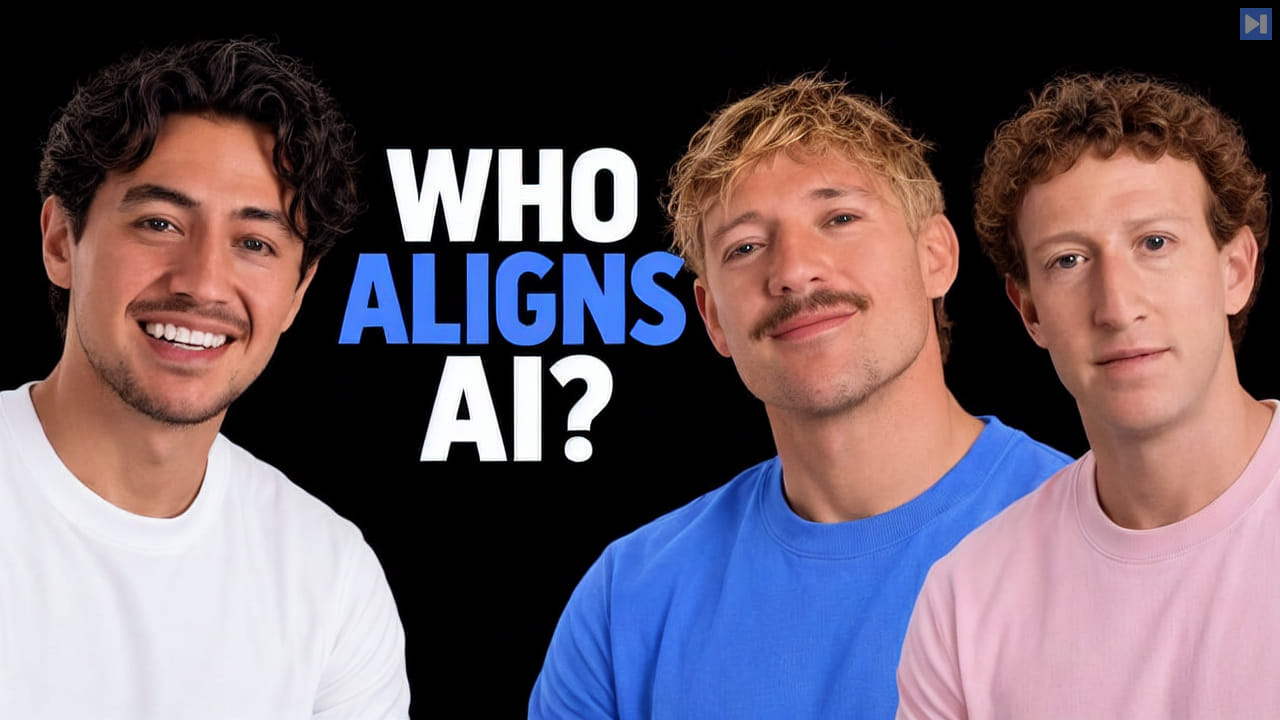 Nick Saraev, Jack Roberts and Mark Zuckerberg beside the white and blue headline “WHO ALIGNS AI?” against black.