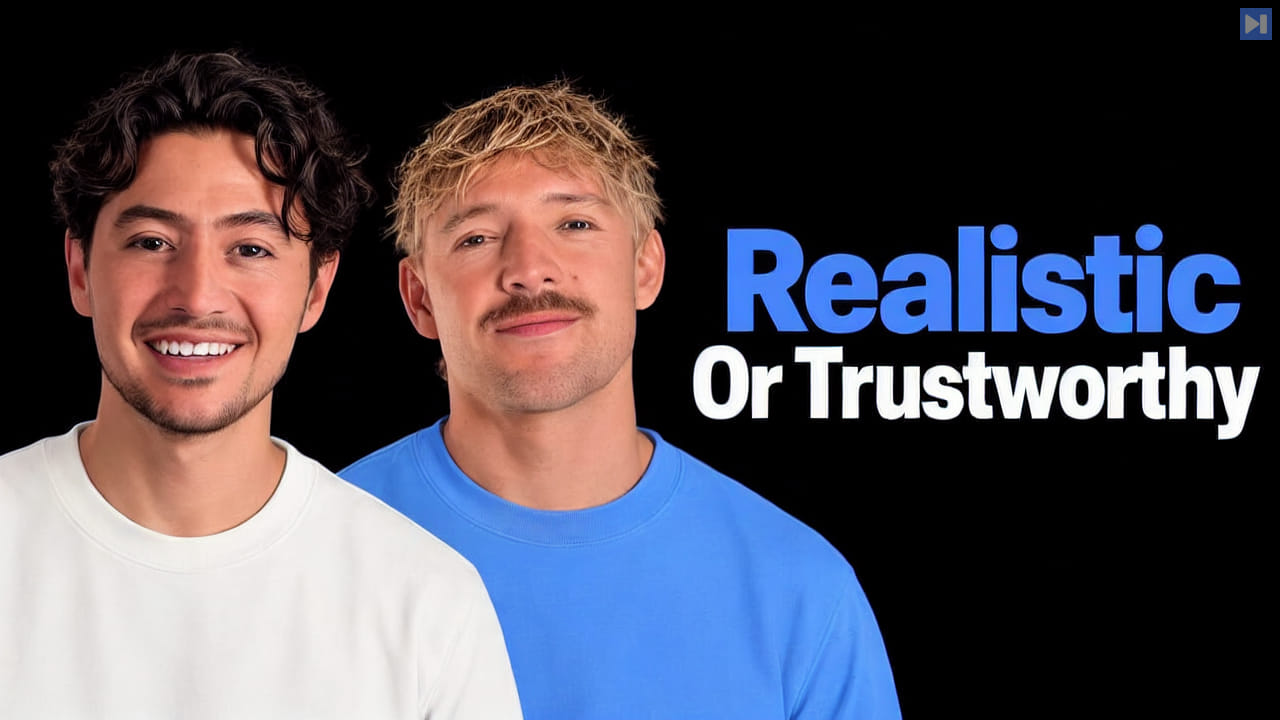 Nick Saraev and Jack Roberts against a black background beside the blue and white headline Realistic Or Trustworthy.