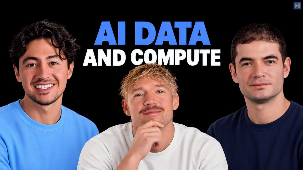 Nick Saraev, Jack Roberts and Ilya Sutskever beneath the blue and white headline AI DATA AND COMPUTE on black.