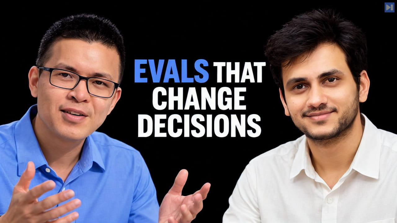 Nick Ung in blue and Akshay Sharma in off-white beside the blue and white headline Evals That Change Decisions on black.