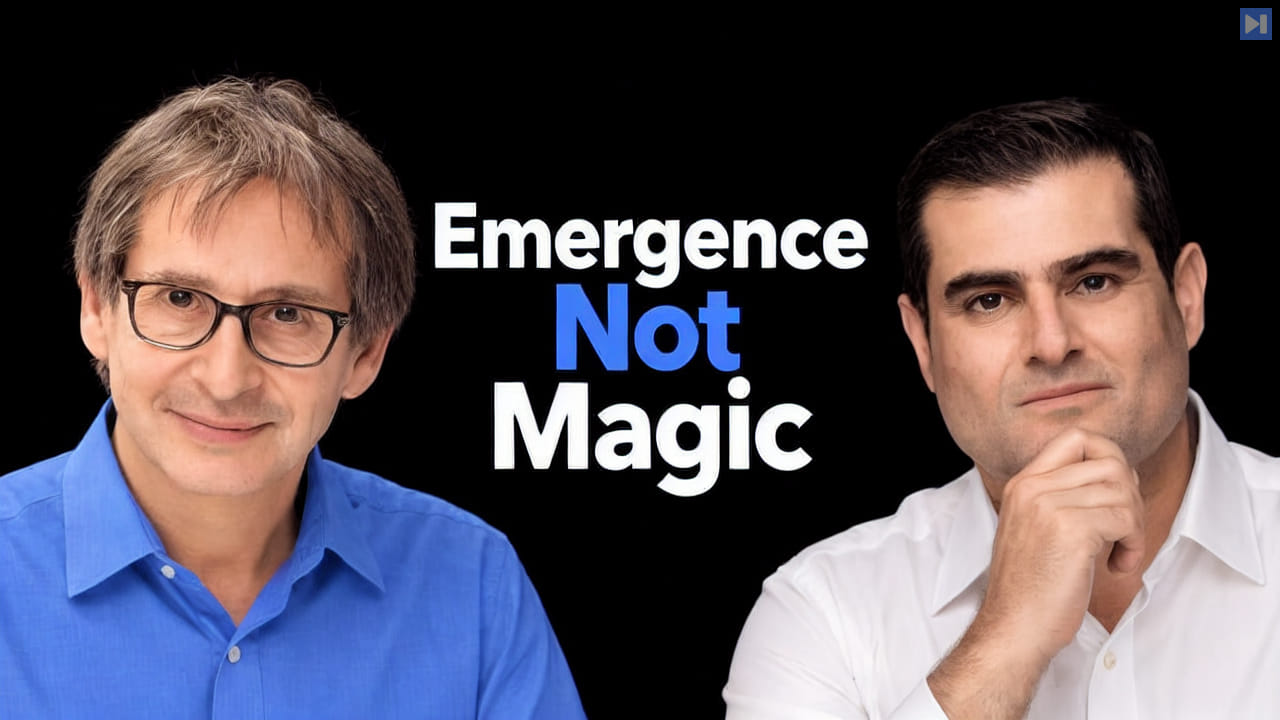 Nigel Goldenfeld in blue and Brian Keating in off-white with a thoughtful hand-on-chin pose against black beside the blue-and-white headline “Emergence Not Magic”.