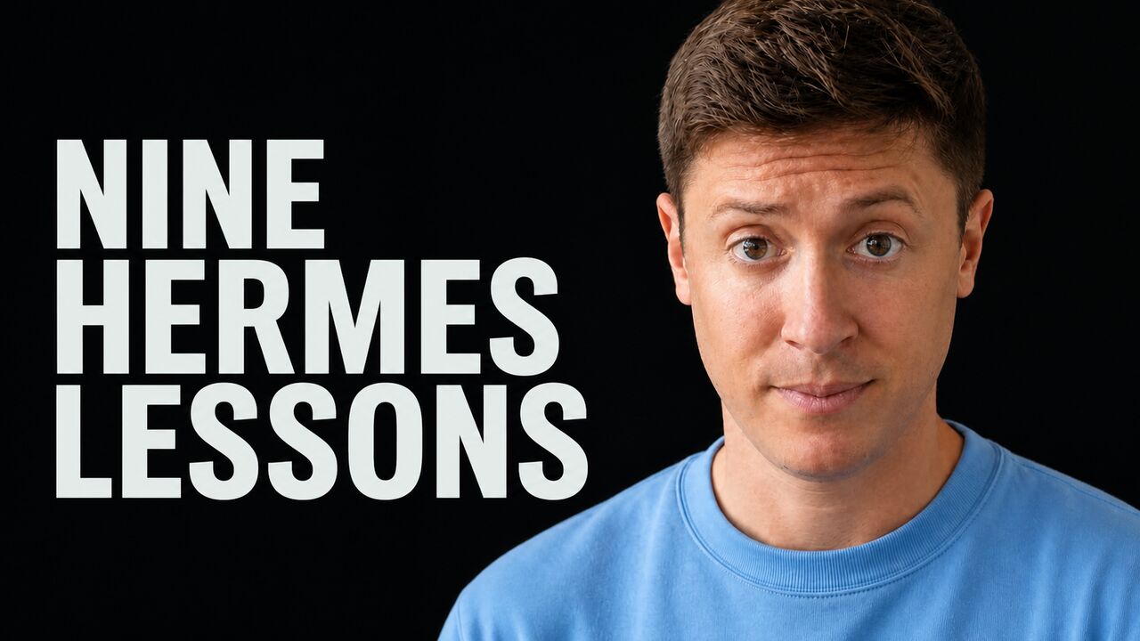 Alex Finn beside the words Nine Hermes Lessons