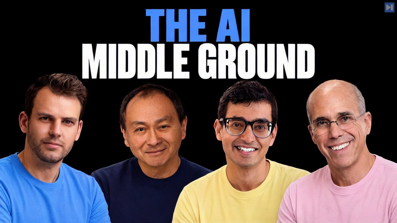 Nathaniel Whittemore, Francis Fukuyama, Sayash Kapoor, Jeffrey Katzenberg beside the blue and white headline “THE AI MIDDLE GROUND” on a black background.