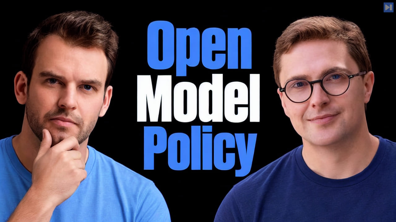 Nathaniel Whittemore and Dean Ball beside the blue and white headline Open Model Policy on a black background.