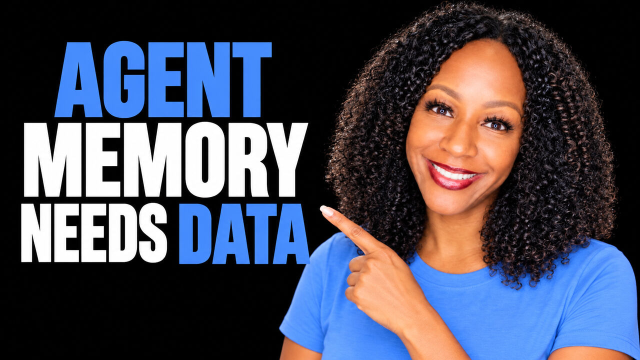 Kay Malcolm in a light attention-blue top on a black background beside the headline “AGENT MEMORY NEEDS DATA”.