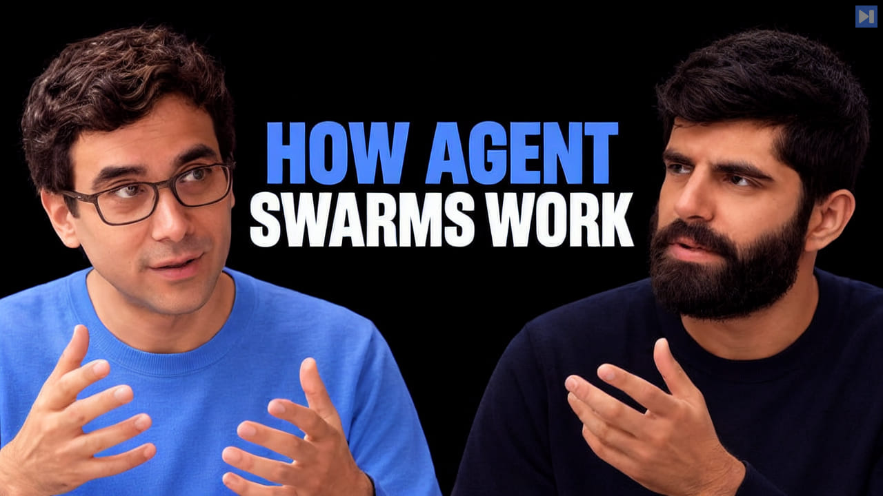 Noam Brown and Dwarkesh Patel in a photographic portrait composition on black beside the blue-and-white headline “HOW AGENT SWARMS WORK”.