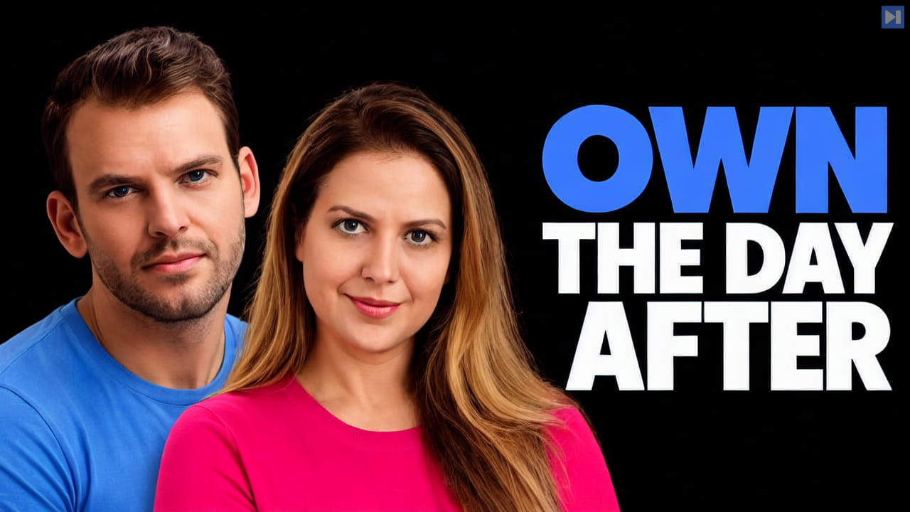 Nathaniel Whittemore, Nufar Gaspar on a black background with the headline OWN THE DAY AFTER in blue and white.