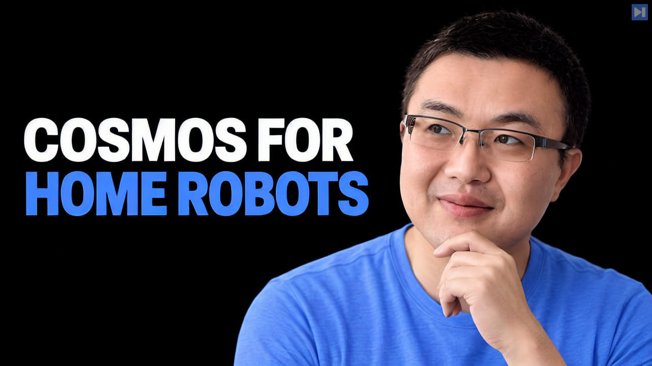 Ming-Yu Liu in glasses and a blue top rests one hand at his chin beside the white-and-blue headline ‘COSMOS FOR HOME ROBOTS’ on black.
