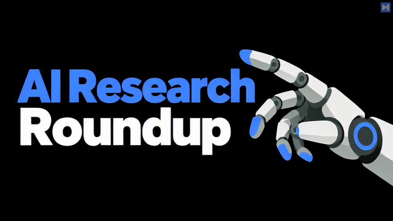 One simple flat illustration of a robotic hand on black beside the blue and white headline AI Research Roundup.