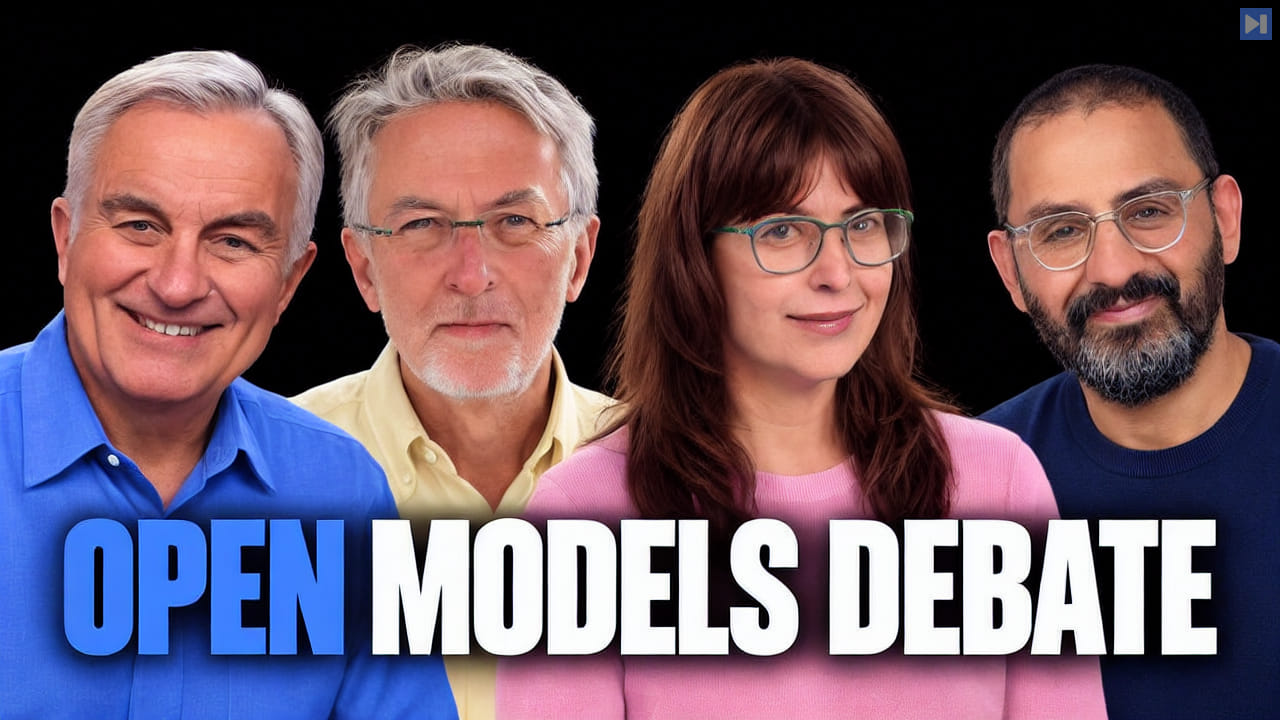 Portraits of Leo Laporte, Jeff Jarvis, Paris Martineau, Raffi Krikorian against black with the headline OPEN MODELS DEBATE in attention blue and white.