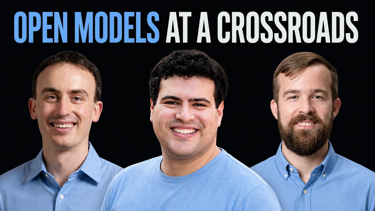 Portraits of Jacob Effron, Ari Morcos and Rob Toews below the words Open Models at a Crossroads