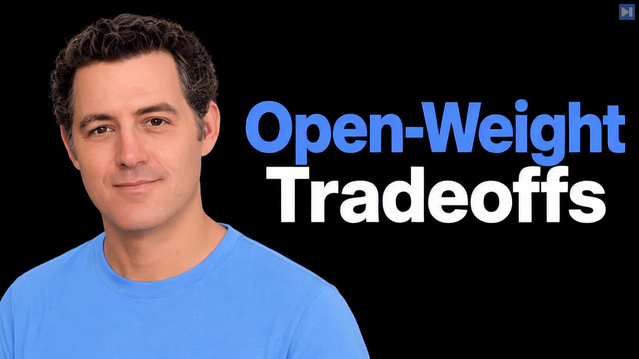 Matthew Berman in a plain blue T-shirt on black beside the blue and white headline “Open-Weight Tradeoffs”.