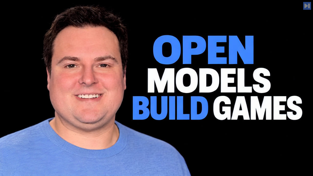 Bijan Bowen in a blue top beside the blue-and-white headline “OPEN MODELS BUILD GAMES” on black.