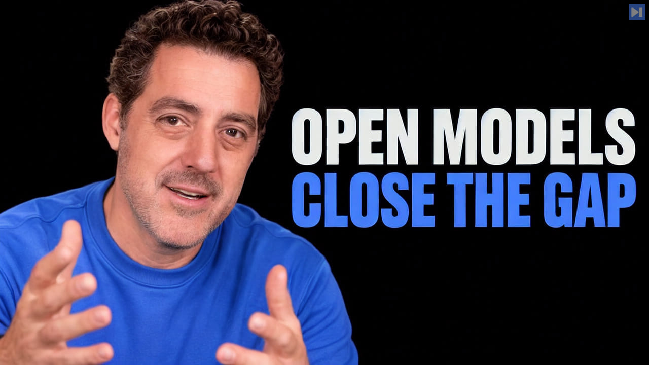 Matthew Berman gestures beside the white-and-blue headline 'OPEN MODELS CLOSE THE GAP' on a black background.
