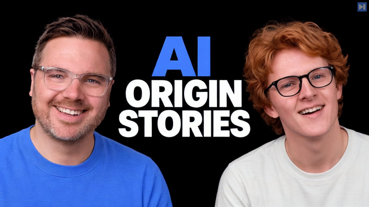 Kevin Roose and Theo Jaffee against a black background beside the blue-and-white headline “AI ORIGIN STORIES”.