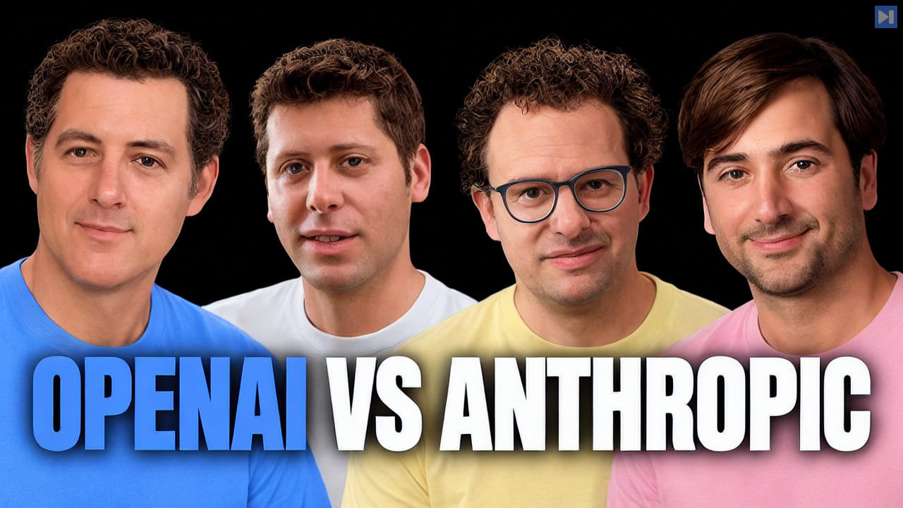 Portraits of Matthew Berman, Dario Amodei, Sam Altman, Thibault Sottiaux against black with the headline OPENAI VS ANTHROPIC in attention blue and white.