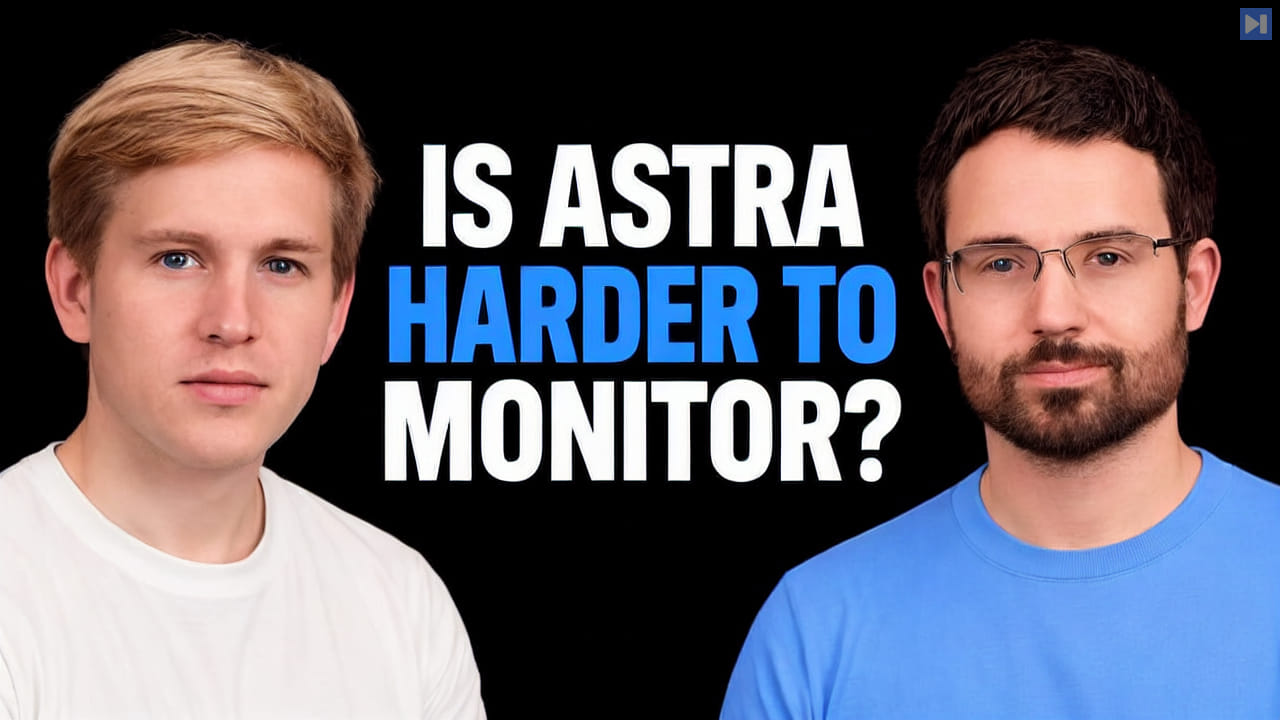 Thomas Larsen and Daniel Kokotajlo beside the headline Is Astra Harder to Monitor? on a black background.