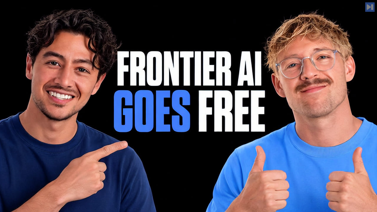 Jack Roberts in a light attention-blue top and Nick Saraev in a dark-blue top on a black background beside the headline “FRONTIER AI GOES FREE”.